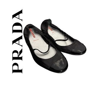 Prada Black Leather and Patent Cap Ballet Flats
